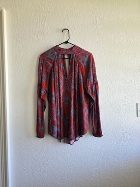 Free People Red and Blue Patterned Long-Sleeve Peasant Blouse